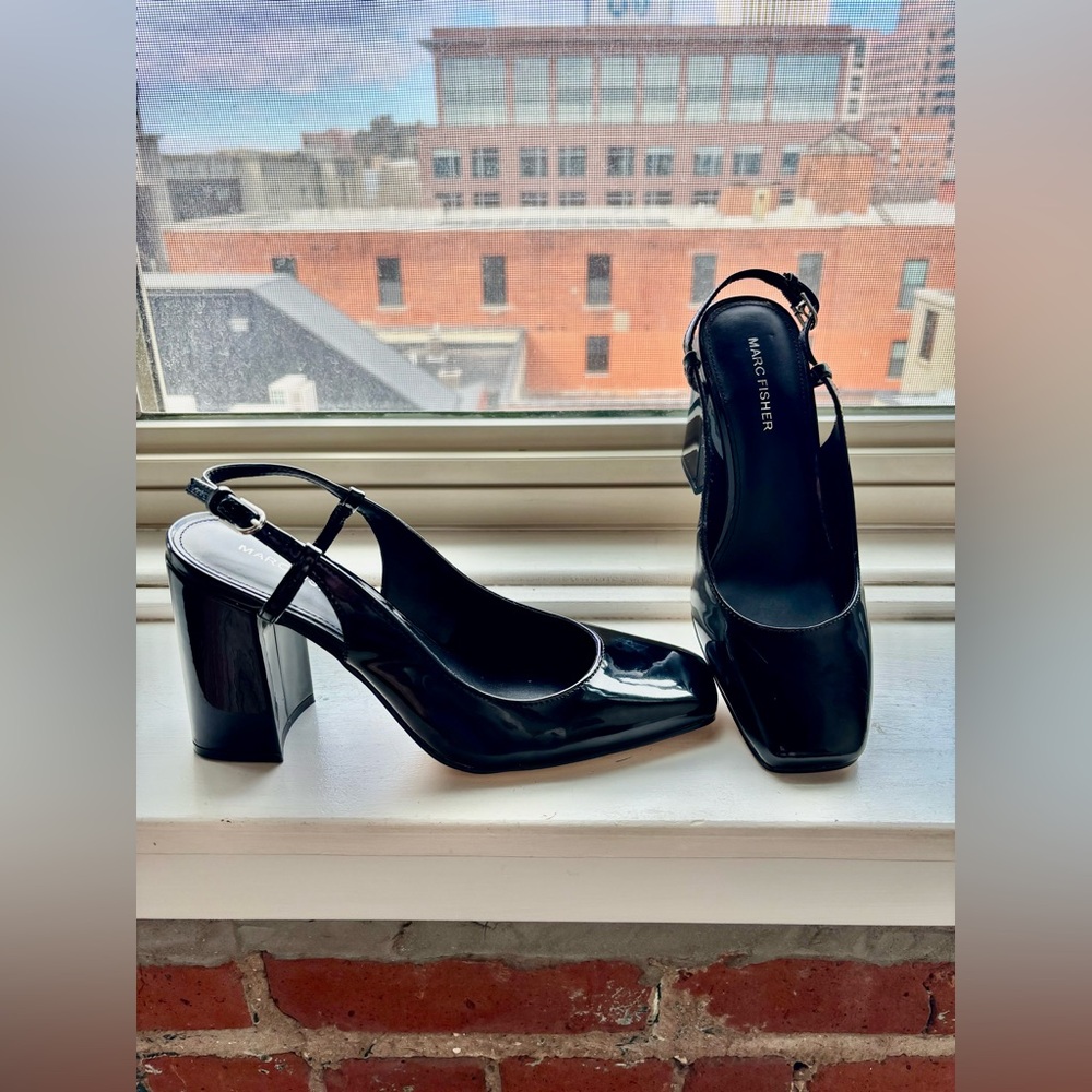 Women’s Black Patten, Square Toe, Block Heel, Slingback Pumps. New